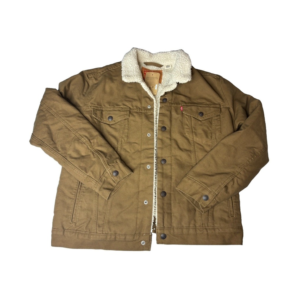 Levi's Sherpa Trucker Jacket Mens Medium Canvas Lined Tan Brown Casual